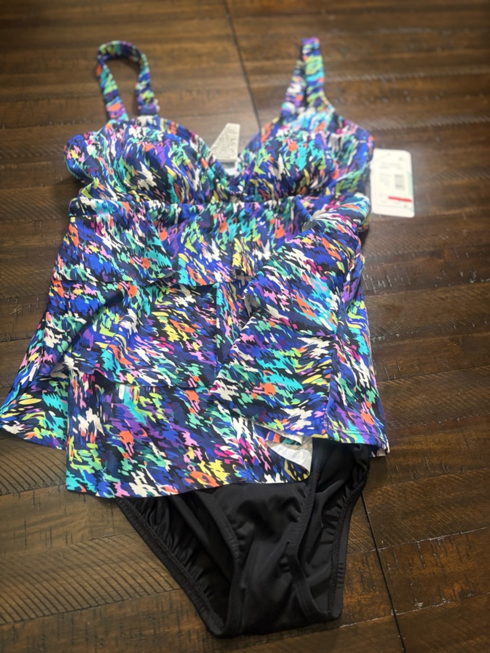 Swim Solutions Multicolor Ruffle Tankini with Black Bottoms Size 8 
#00016